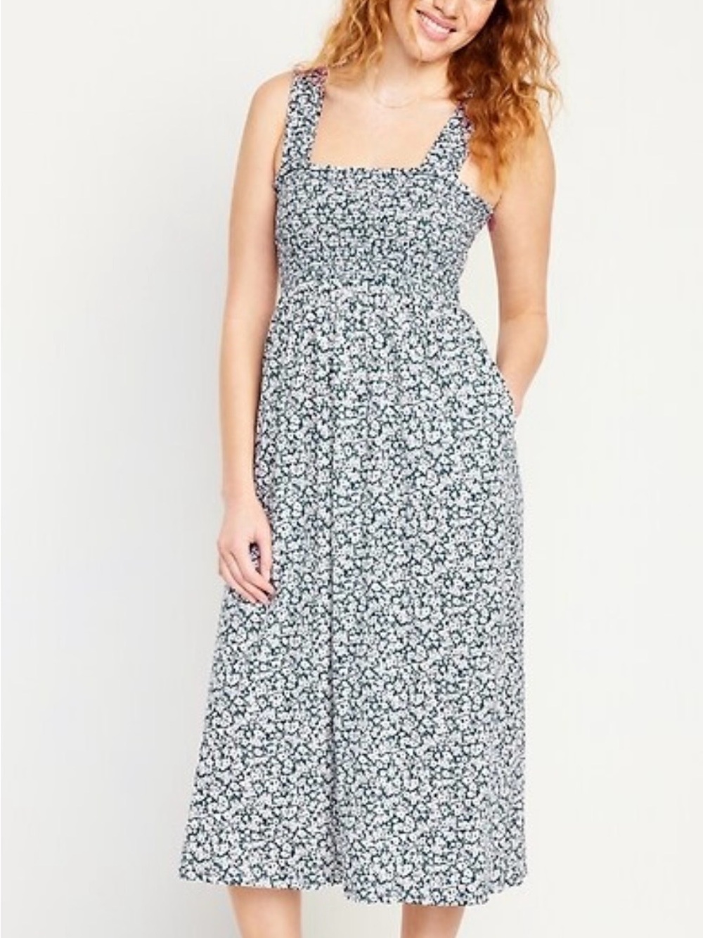 Old Navy Smocked Midi Dress - Navy Blue and White Floral Pattern - Size L